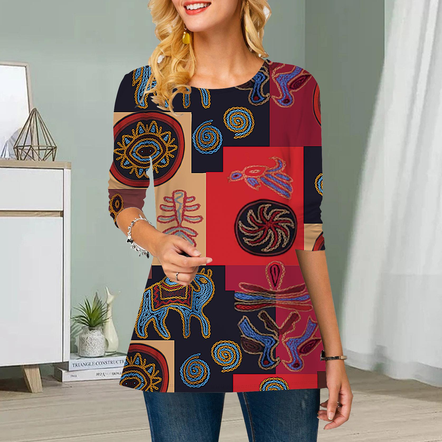 

Плюс Размер Женский Цветочный Квадратный Принт Круглый Вырез Повседневный Свободный Длинный Рукав Топ 8XL красный