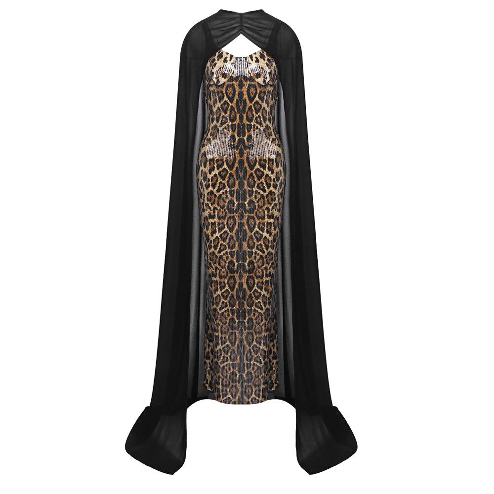 Elegant Leopard Print Sequin Strappy Dress & Black Chiffon Cape Two-Piece Set Medium цветной печати леопарда