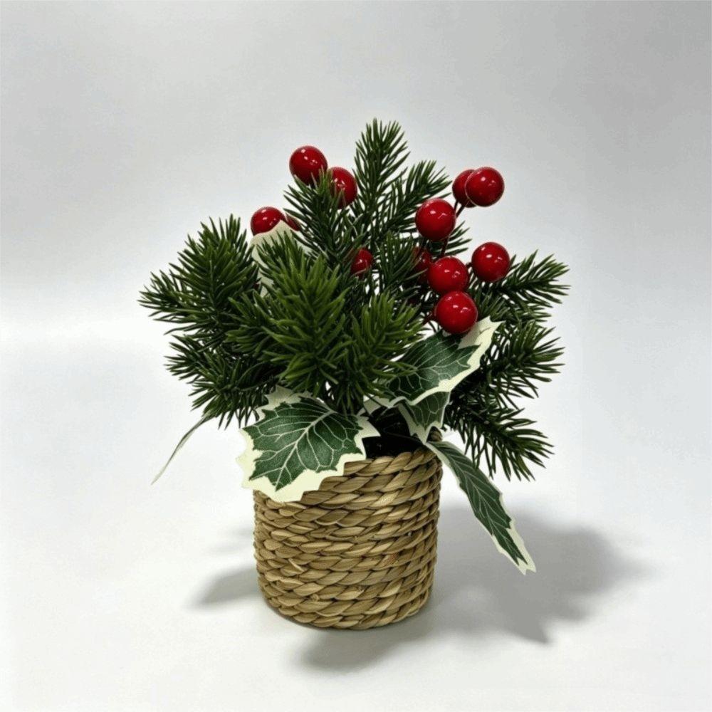 Potted Faux Holly Pine Cone Ornament Woven Basket Christmas Mini Potted Plant Desktop Ornament