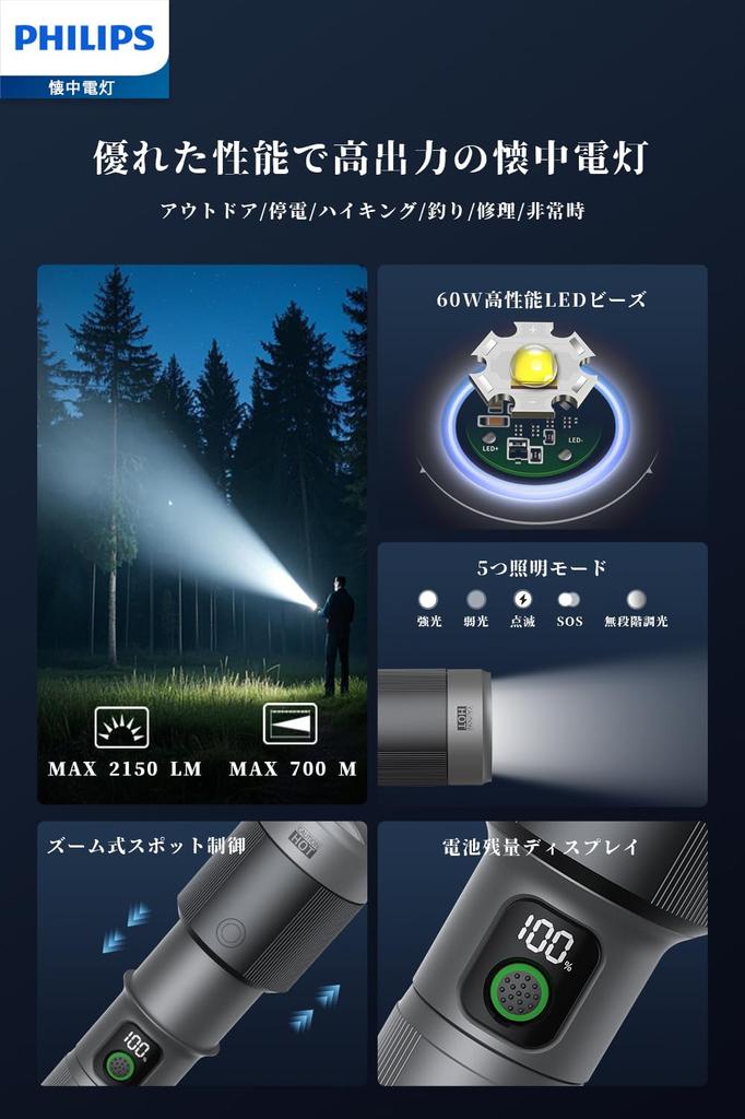 PHILIPS SFL5101 LED High 2150 700 Meter 5 Dimming Focus IP55 Aluminum Alloy Perfect for Outdoor Disaster and Power Outages Flashlight, Large,