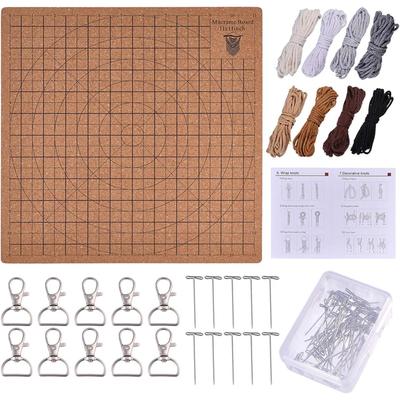 Wood Wooden Macrame Board 11X11 Inch With 40 Meter Cotton Cord, 10Pcs Keychains, Pins Set For Braiding Weaving Supplies Kit