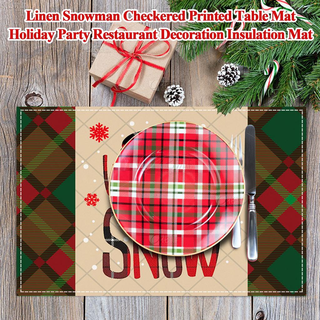 Christmas Meal Mat, Linen Snowman Checkered Printed Table Mat, Holiday Party Restaurant Decoration Insulation Mat