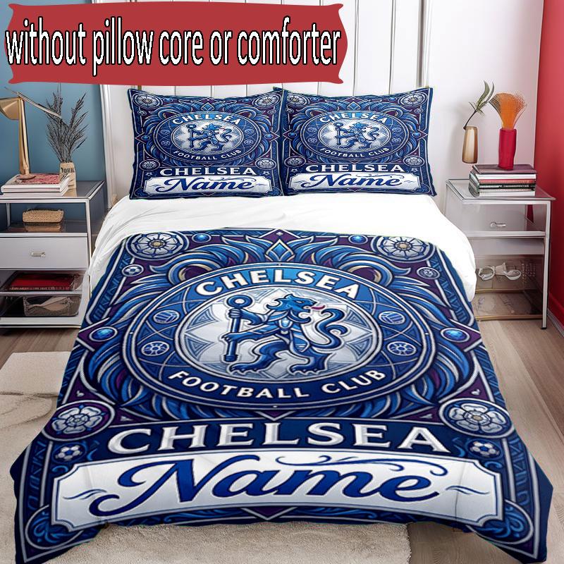 3pcs Duvet Cover Set (1*Duvet Cover + 2*Pillowcase, Without Core), Custom Name Chelsea Football Club Pattern Bedding Set, Home Bedroom Decor Gift