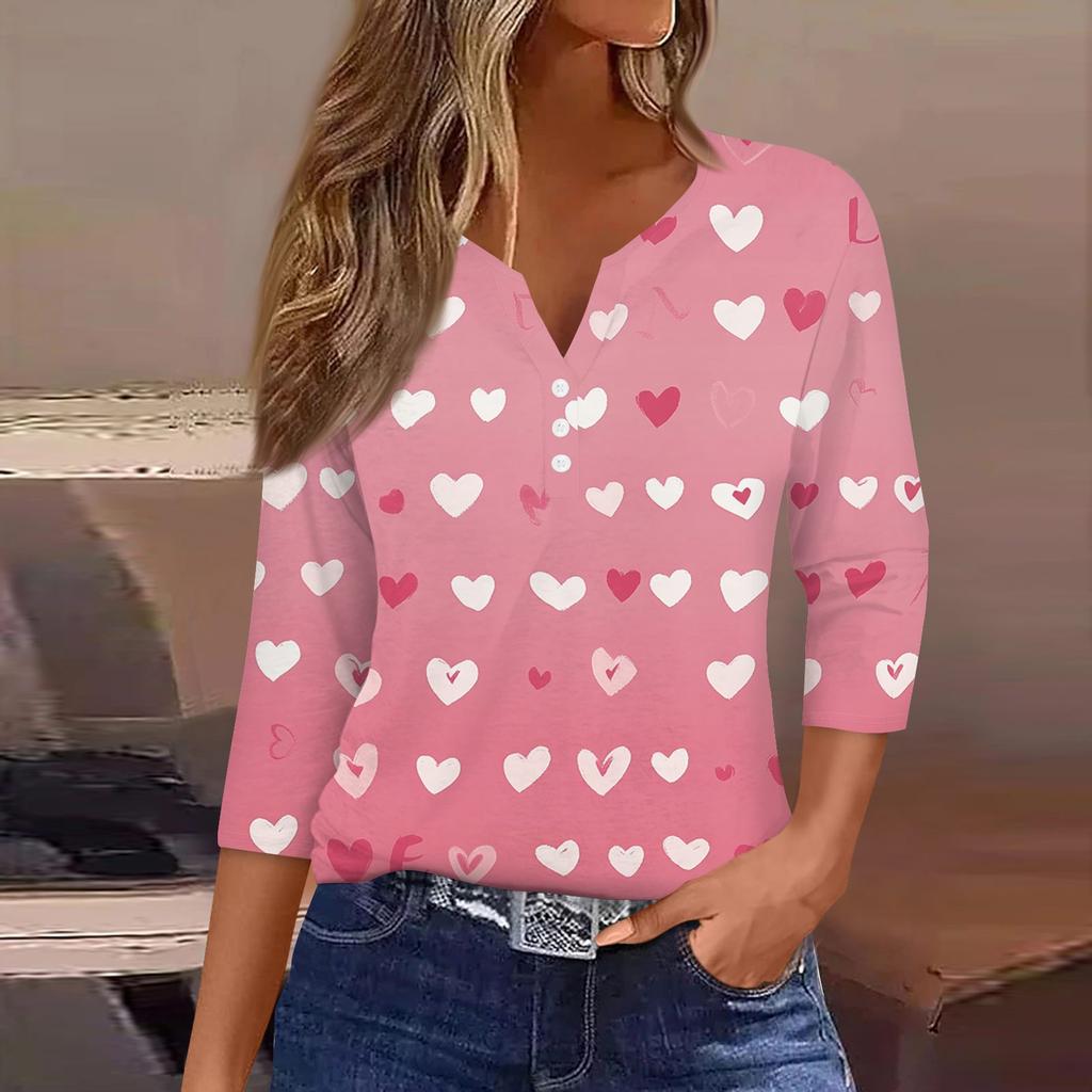 Women's Valentine's Day Printed V-Neck Casual Versatile Three-quarter Sleeve Button Top