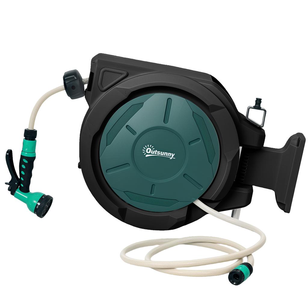 Wall-Mounted Watering Hose Reel 30 m x diameter 15 mm Automatic Retractable Water Hose Reel Automatic Green