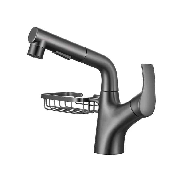 

Bathroom Mixer Faucet Hot and Cold Water Tap Household Brass Basin Faucets with Storage Rack Multi-functional Pull-out Faucet сірий колір