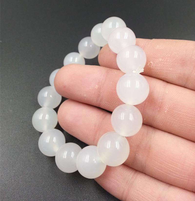Ice Jade White Agate Chalcedony Bracelet, 12mm Round Beads, Couple's Jade Beaded Bracelet