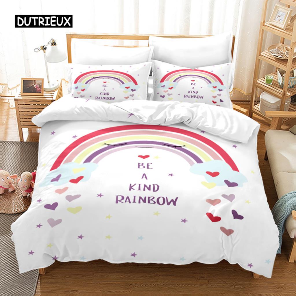 Duhová sada povlaku na přikrývku King Mikrovlákno Dívčí Estetický Duhy Ložní Sada pro Děti Kawaii Hrad Dezert Vzor Povlak na Prošívanou Přikrývku