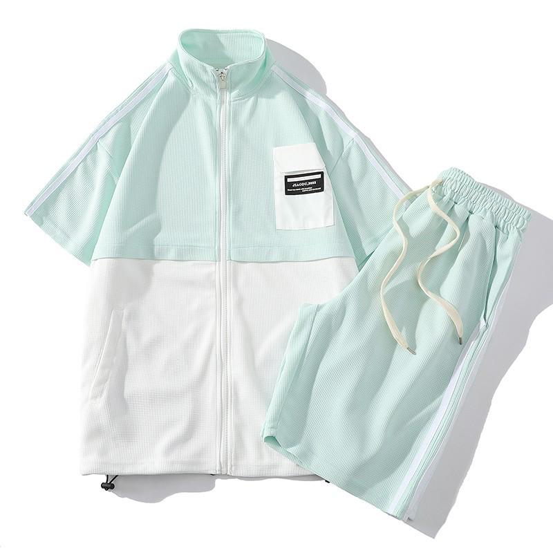 2023 Spring/Summer Color Block Plus Size Couple T-Shirt & Waffle Knit Shorts Set