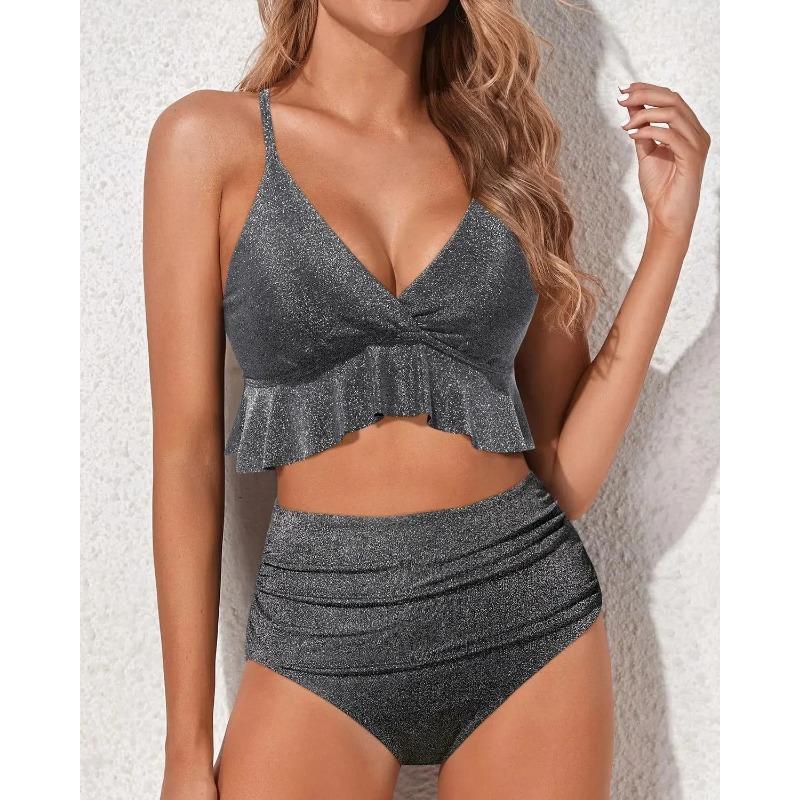 Bikiny s vysokým pasem Plavky Jednobarevné Oddělený design Detaily s listovým okrajem Čínská značka Dámské módní plavky