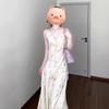 Französischer Urlaubsstil ärmelloses V-Ausschnitt Blumenkleid Damen Sommer Taille dünn A-Linien Rock sanfter Wind Träger langes Kleid