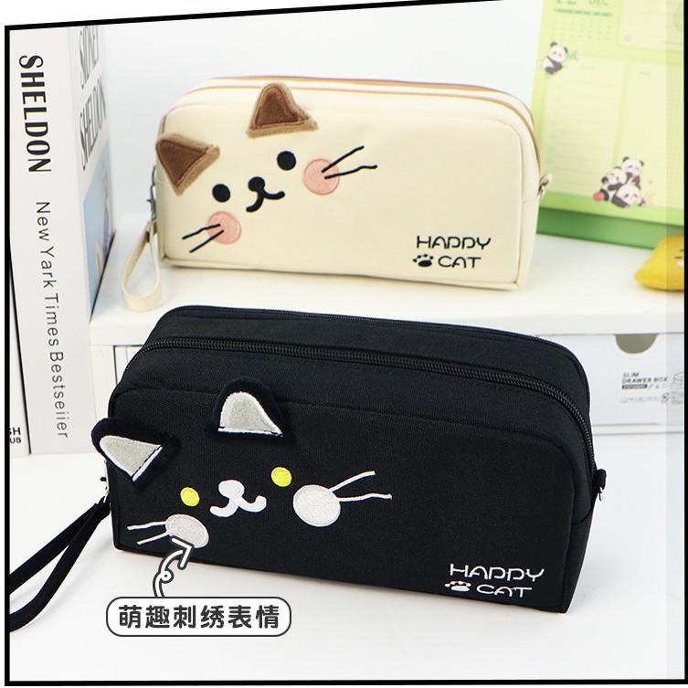 Black White Cat Print Handheld Pencil Case, Large Capacity Student Stationery Pouch, Portable School Pen Bag