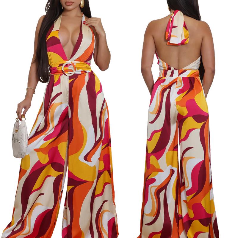 Bedruckter lässiger ärmelloser rückenfreier Jumpsuit mit Trägern und tiefem V-Ausschnitt, weitem Bein für Damen