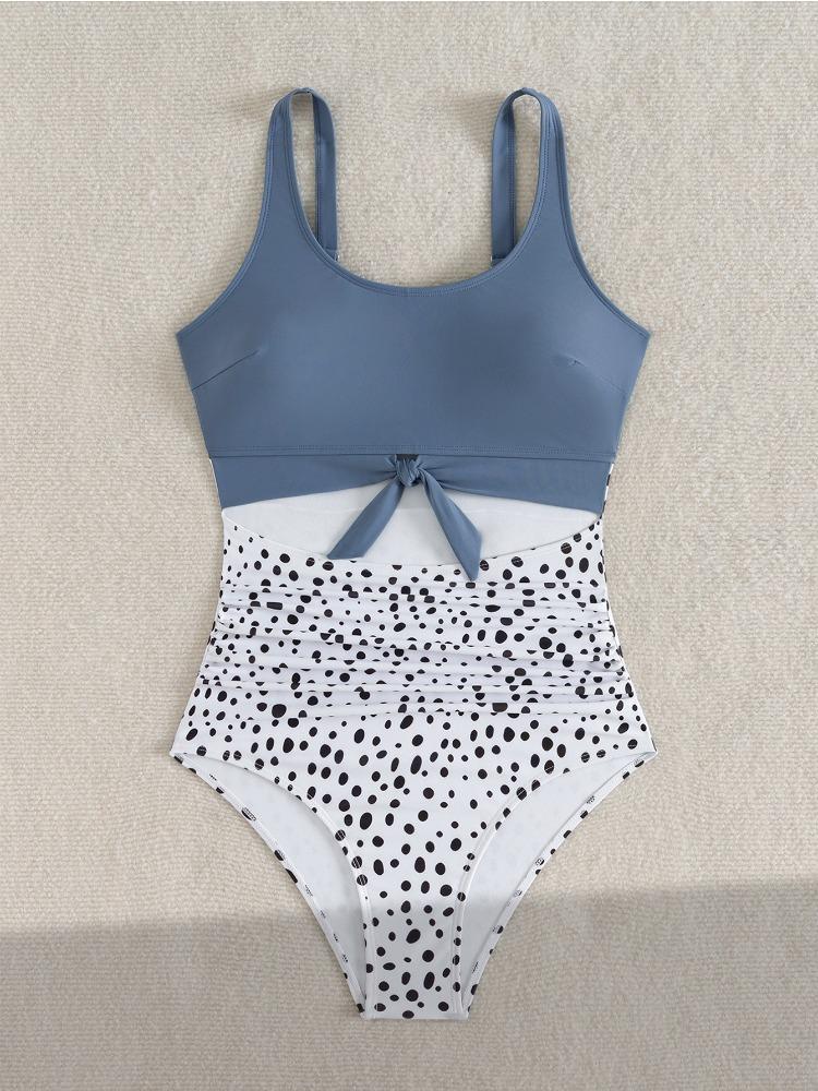 Polka Dot Color Block One Piece Hollow Out Sexy Bikini Swimsuit Fashion Beach Vacation Elegant Bathing Suit S