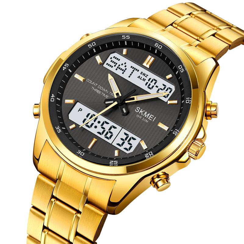 Skmei Mens Quartz Analog Bracelet Watches Luxury Stainless Steel Strap Led Waterproof Digital Sports Three Time Zone Alarm Clock