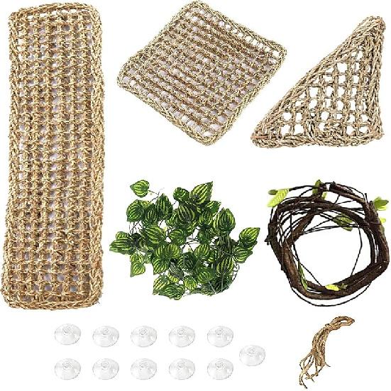 PINVNBY Bearded Dragon Hammock,Reptile Lounger Natural Seagrass Lizard Hammocks Habitat Tank Accessories Jungle Climber Vines Flexible Leaves Decor 【3 Types of Hammocks+Vi