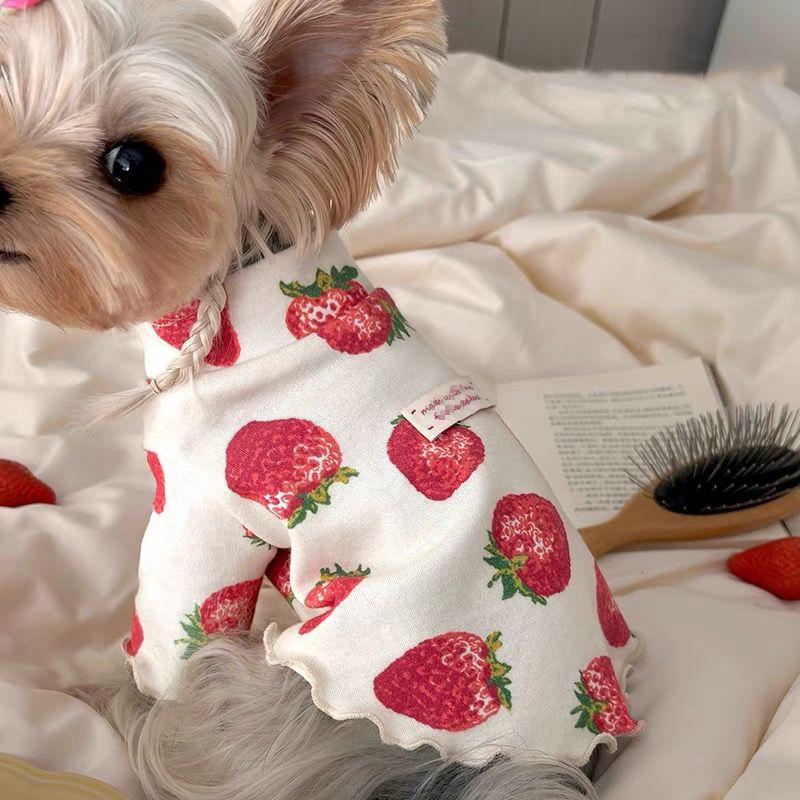 Pet Spring Strawberry Base Vest Cat and Puppy Home Base Shirt Strawberry Printed T-shirt Pet Clothes Cute Small Dog