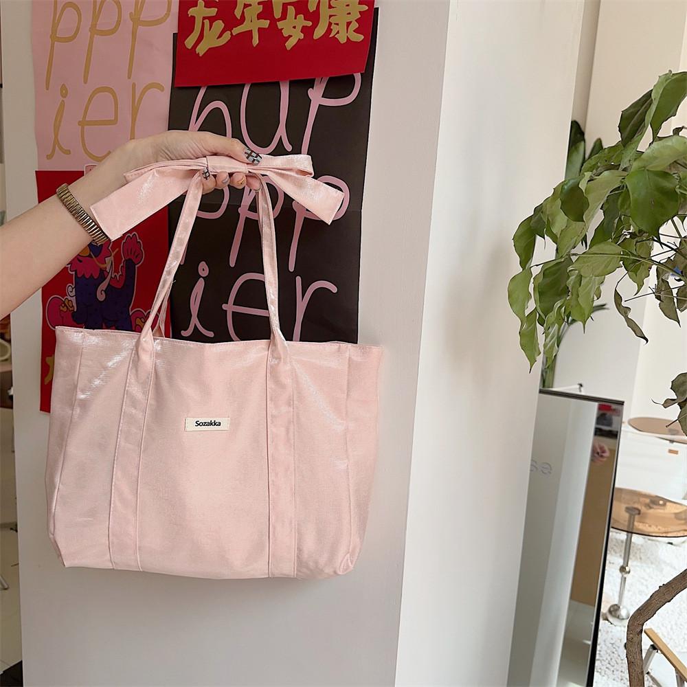 Trendy Soft Tote Bag With Bow For Women 2024 Everyday Use Pink Green Beige