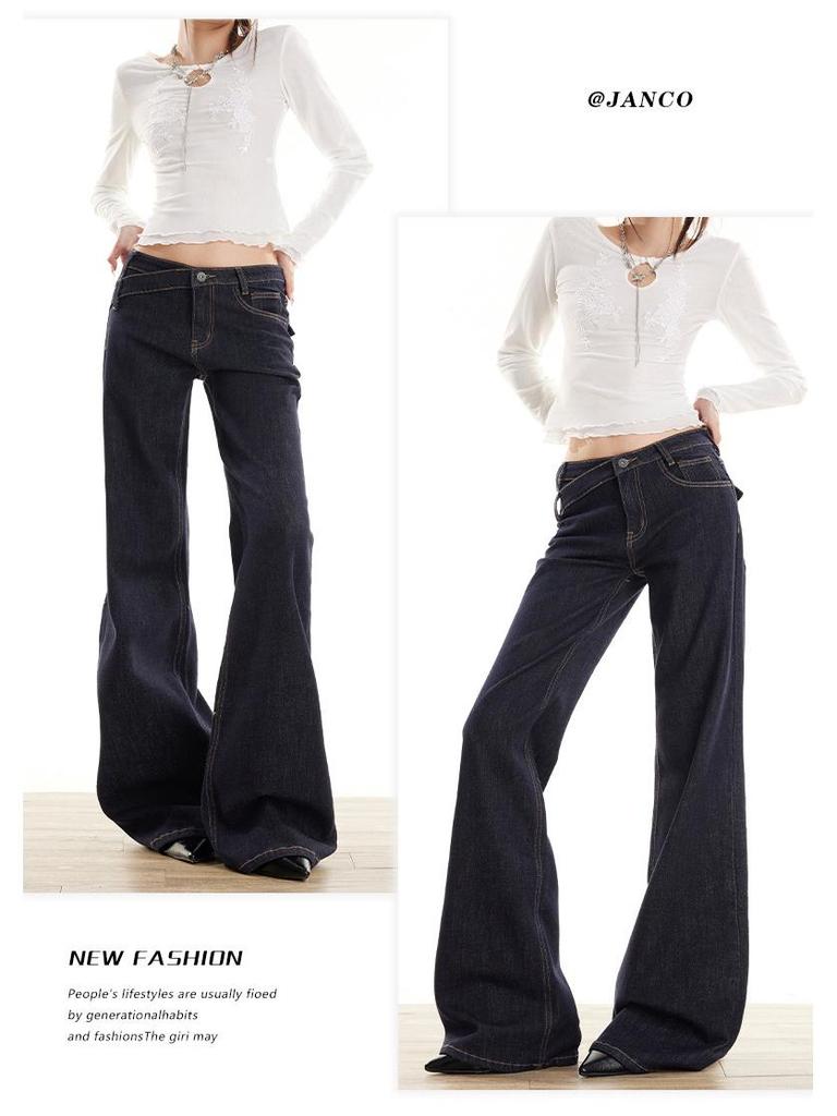 Retro Anti-Fade Denim Blue Low-Rise Micro-Flare Jeans with Irregular Design