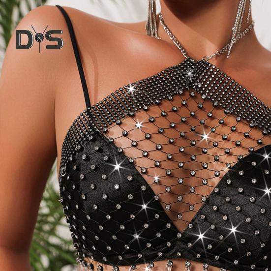Sexy Halter Top Bez rukávů Bez zad Krátký top Dutá rybí síť Lesklé vsazené kamínky Perspektivní top s krčním páskem