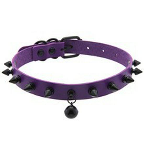 Punk Black Leather Choker with Alloy Spikes, Rivets, and Bell Pendant