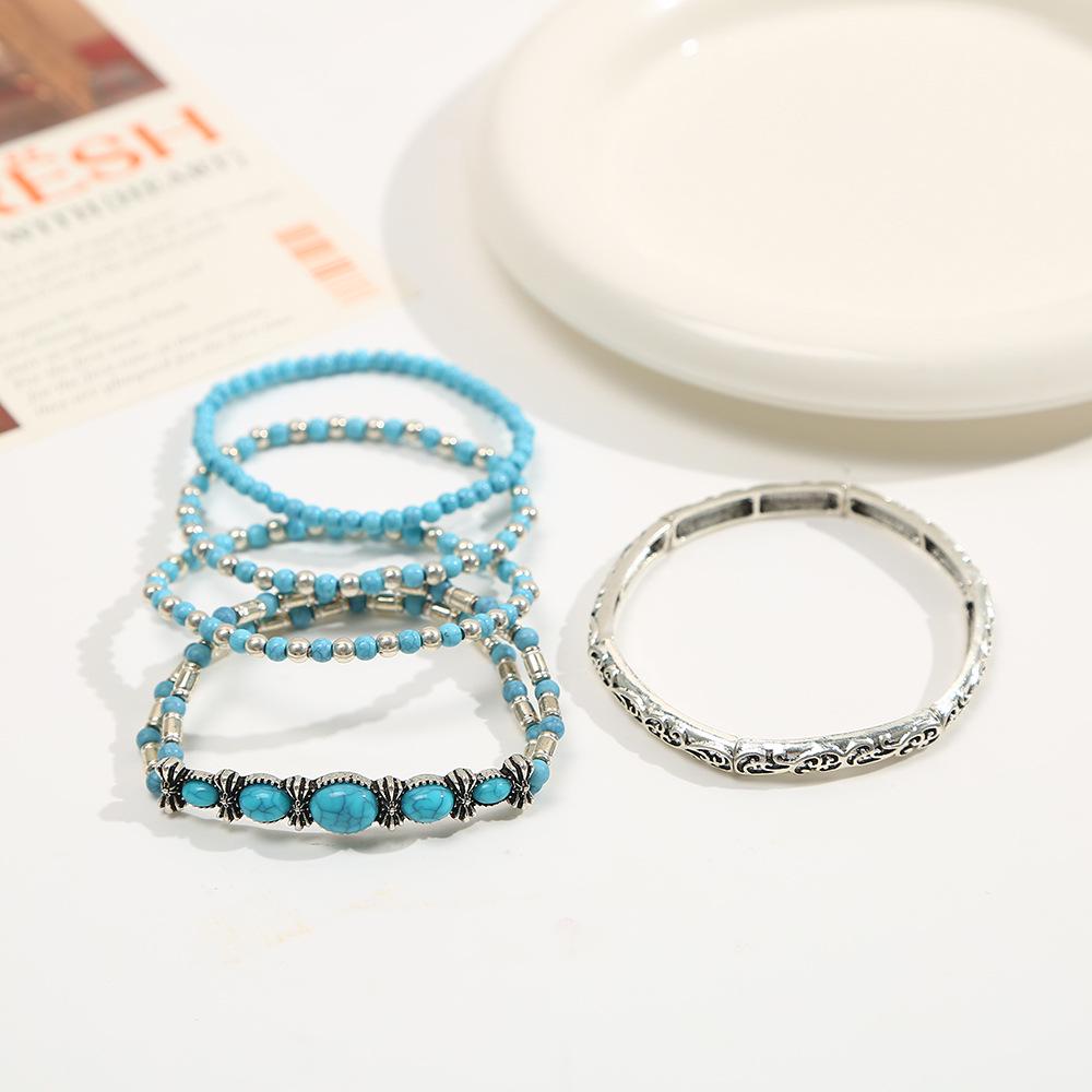 Bohemian Beaded Bow Knot & Turquoise Bracelet Set - 5 Pieces