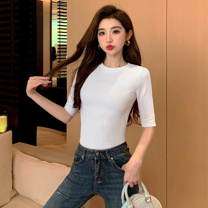 Korean Slim-fit Women's Base Shirt New Half-sleeved Small Round Neck Mid-sleeved T-shirt Pure Cotton Slim Top