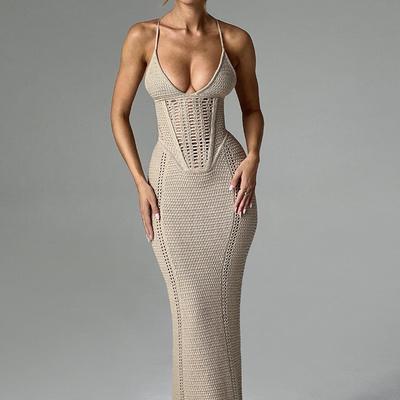 The New Beach Dress Is A Sexy V-neck Halter Dress That Wraps Around The Buttocks, A Backless, Cut-out and Tied Seaside Knitted One-piece Dress