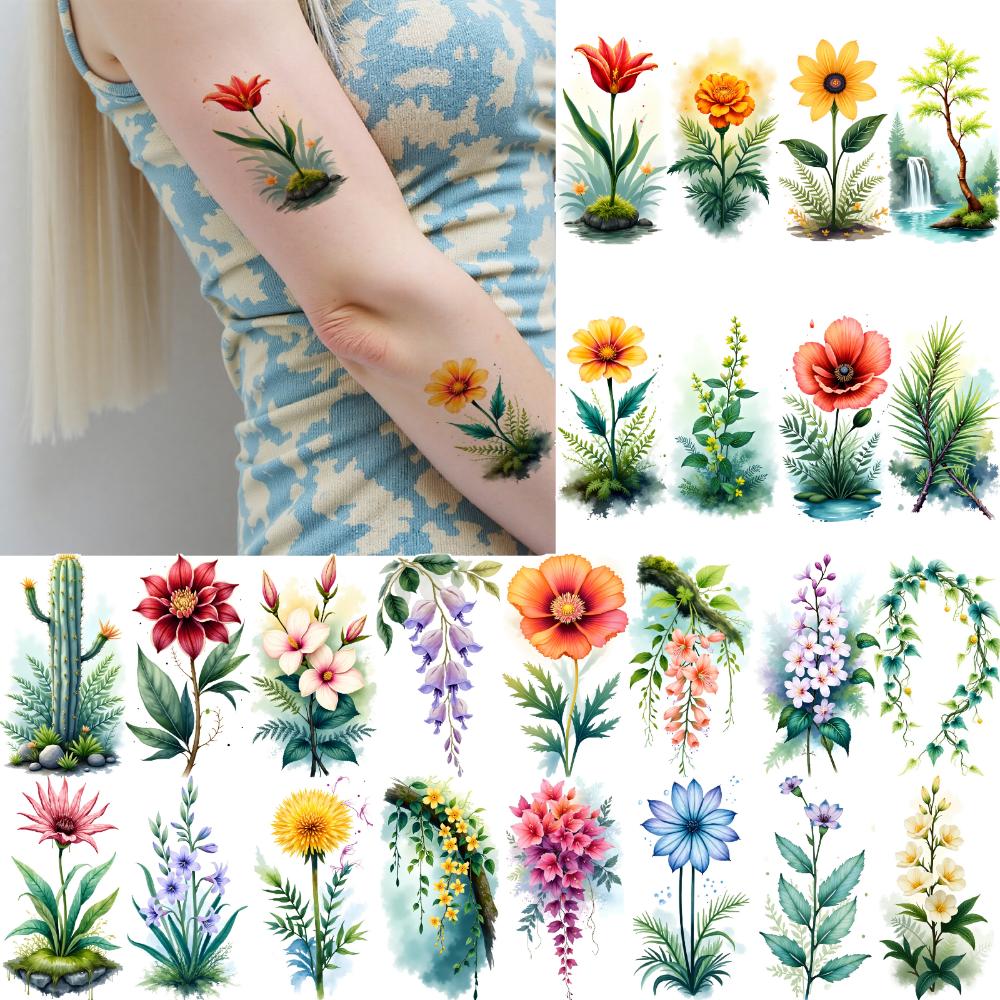 9 Sheets Temporary Tattoos for Men Women Colorful Flower Plant Fake Tattoos Waterproof Body Art Arm Disposable Tattoo Stickers