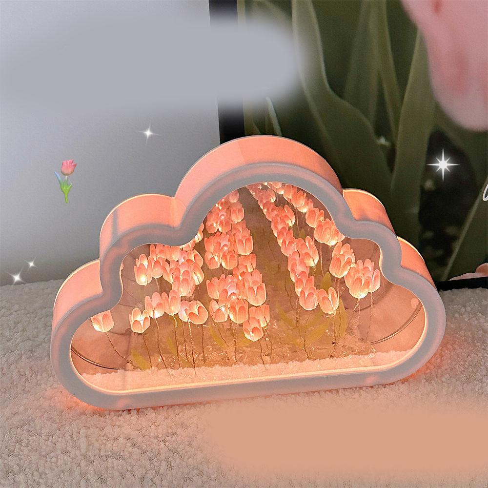 Tulip Cloud Mirror Night Lights 20 Pink Flowers Plastic Built In Batteries DIY Cloud Mirror Tulip