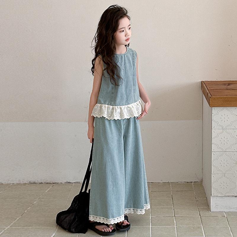 Summer 2026 Girls' Tencel Set: Sleeveless Denim Top & Lace Loose Pants