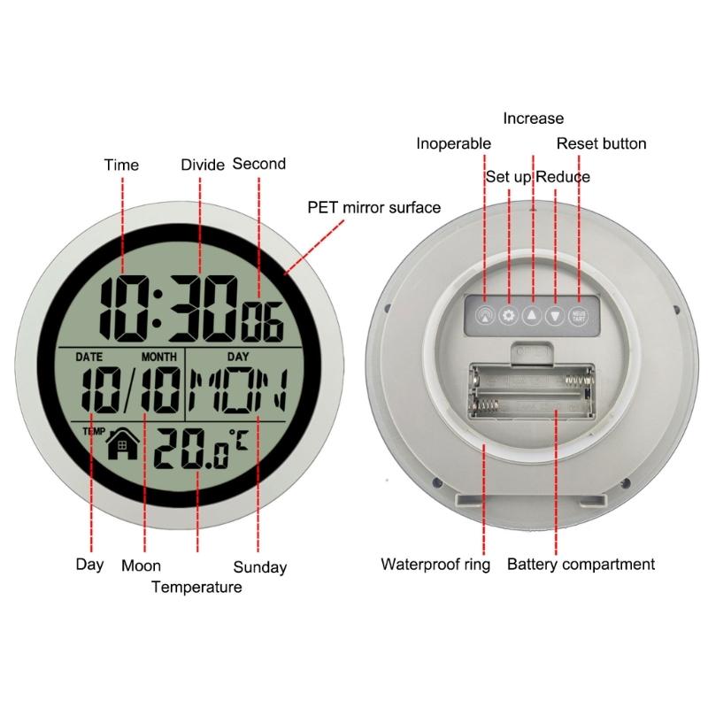 Large Digital Wall Clock with Date Day Temperature Battery Operated Bathroom Clock Shower Clock with Suction Cup Gift