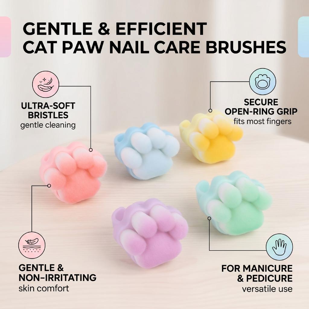 Cat Paw Nail Brush Soft Dense Cute Lightweight Open Ring Nail Brush for Salon Home Use 5pcs