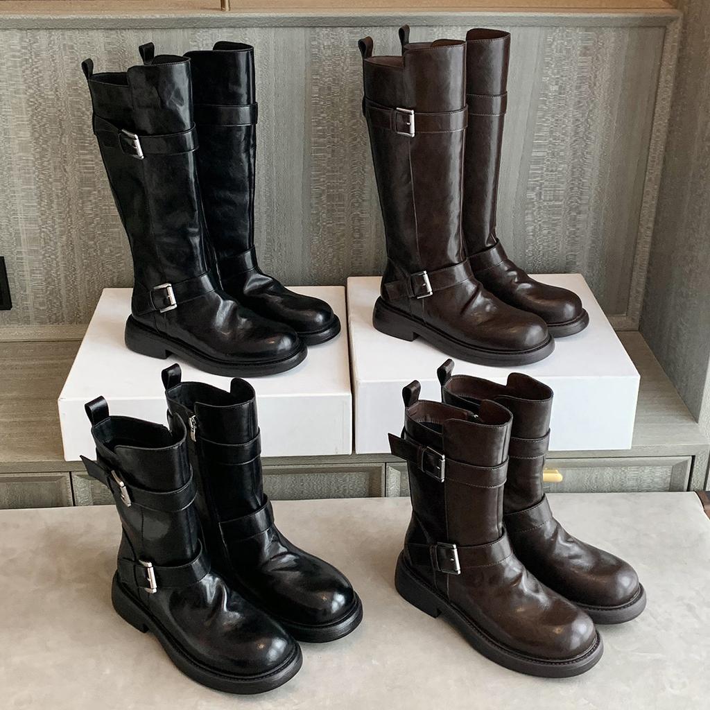 Grape mother leather heightening 4cm retro old locomotive short boots double buckle belt side zipper thick-soled knight boots women