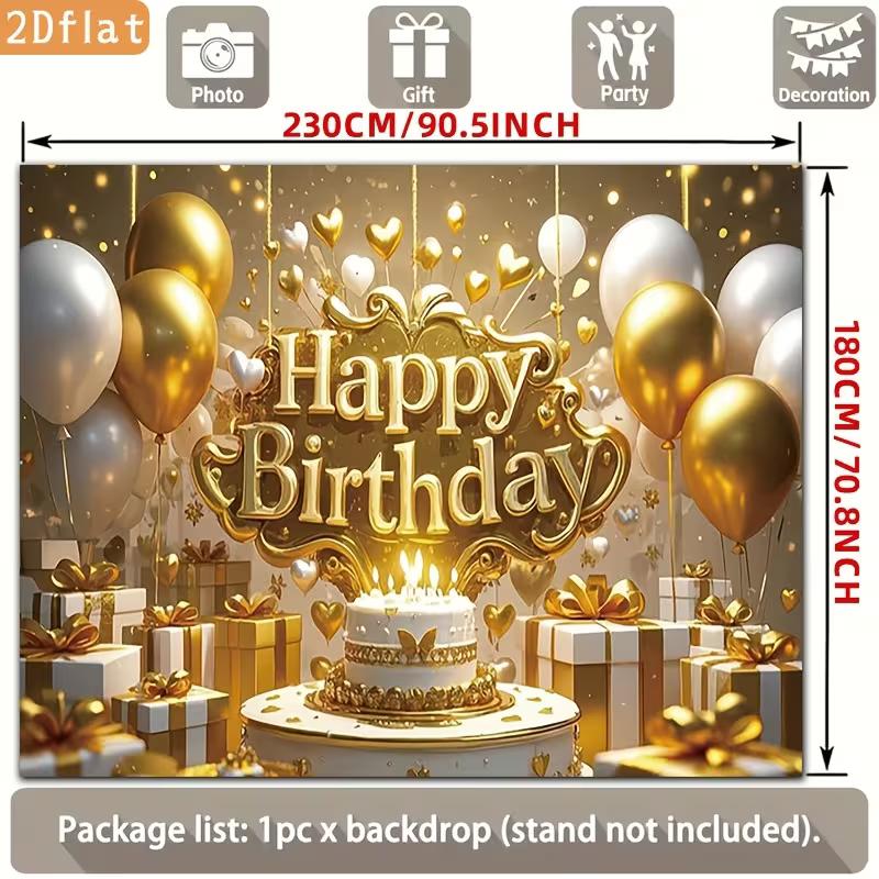 2D Shiny Gold Glitter Happy Birthday Backdrop Banner Party Decoration