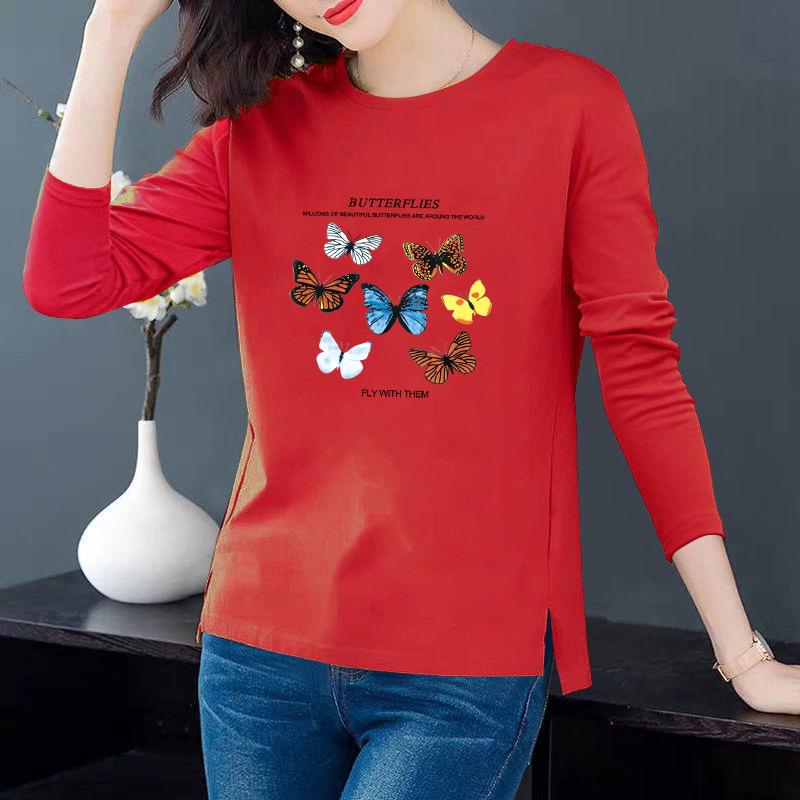 Women's 100% Cotton Long-Sleeve Printed Split T-Shirt, Round Neck, Loose Fit for Spring and Summer