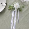 Easy Install Car Flowers Wedding Door Handle Flower with Ribbon Tie And Green Leaves, White Artificial Realistic Petal Decor Rose Rearview Mirror