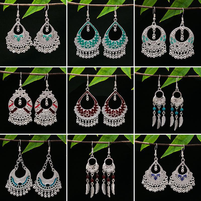 Vintage Ethnic Miao Silver Alloy Teardrop Tassel Earrings