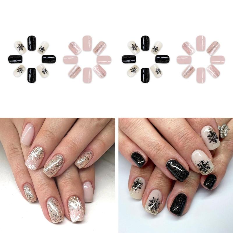 Press On Nail Black and White Snowflake Nails False Nail Stick On Nail for Christmas Parties and Seasonal Event