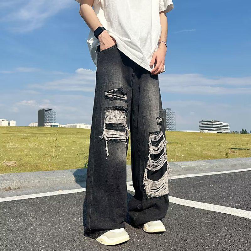 Men's Summer American Retro Ripped Wide-Leg Jeans - Washed, Distressed, Loose Fit, High Street Style.