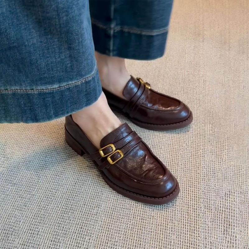 Cowhide version of small leather shoes one pedal lazy uniform shoes women's thick heel leather retro round head