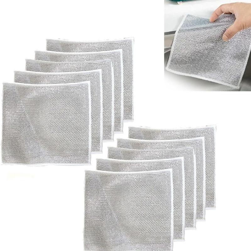 10pcs Thickened Steel Wire Cleaning Cloth Non-Scratch Double-layer Iron Microfiber Mesh Dishrag Washing Pot Rags Kitchen Towels