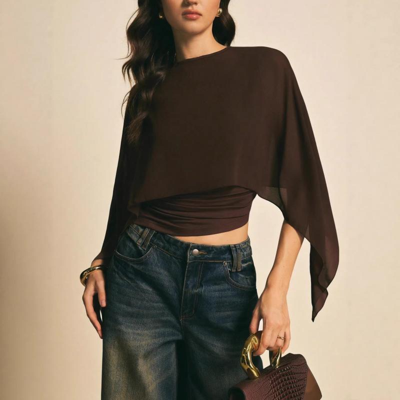 2026 Women's Cape Sleeve T-Shirt Slim Fit Round Neck Chiffon Blouse Elegant Asymmetrical Top