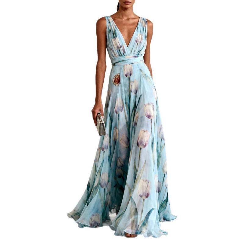 European Blue Tulip Print Sleeveless V-Neck Chiffon Long Gown - Elegant and Flowy Formal Dress for 2026 Banquets