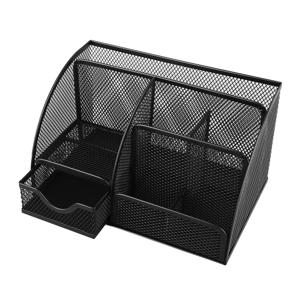 Organizator de birou tip plasă multifuncțional metalic cu 7 compartimente suport pentru pixuri cu sertar negru