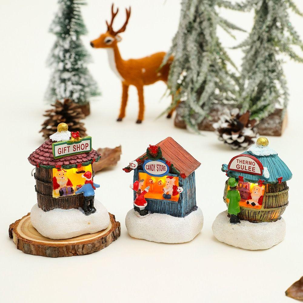 Santa House Miniatures Resin Christmas Microlandscape Ornament Christmas Small House Lamp  Kid Gift