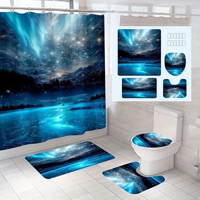 4-teiliges luxuriöses, wasserdichtes Duschvorhang-Set mit Sternennacht-Motiv, dekoratives Badezimmer-Set, rutschfester Teppich, Toilettendeckel, Badematte und 12 Haken