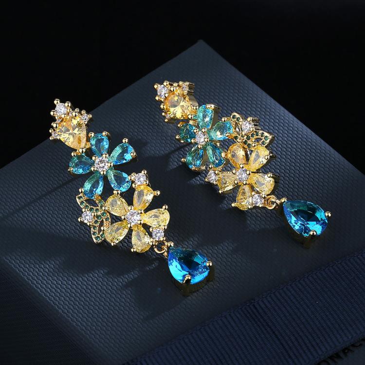 Bohemia Colored Zircon Flower Earrings European and N Fashion Heavy Industry Earrings New Style Personality