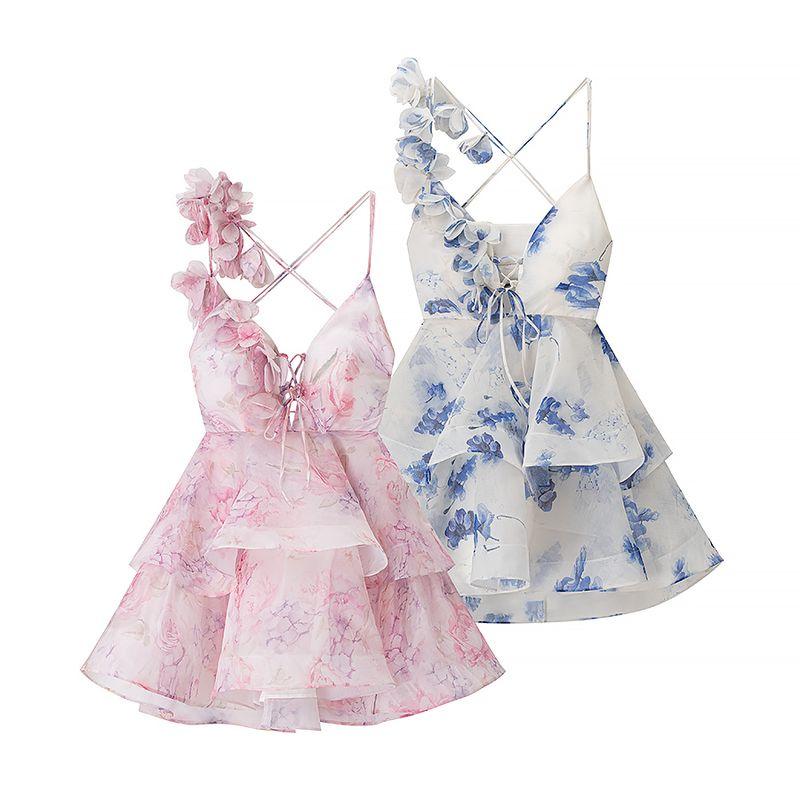 Zbzr Spring New Women clothes Western Style Three-Dimensional Flower Decoration Waist Hugging Temperament Sling Dress Short dress Sexy