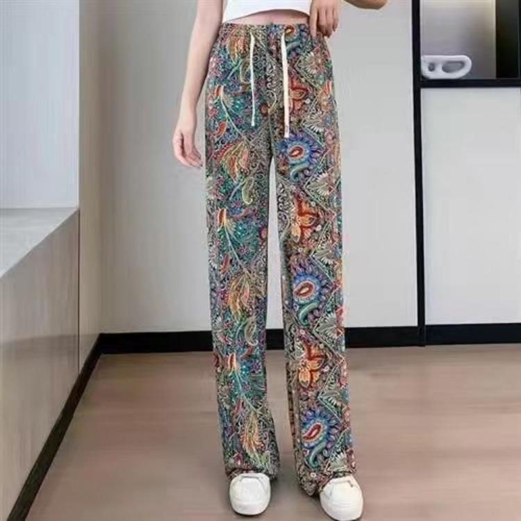Summer Women's Wide Leg Pants Loose Chinese Style Floral Pants Straight Leg Women's Pants